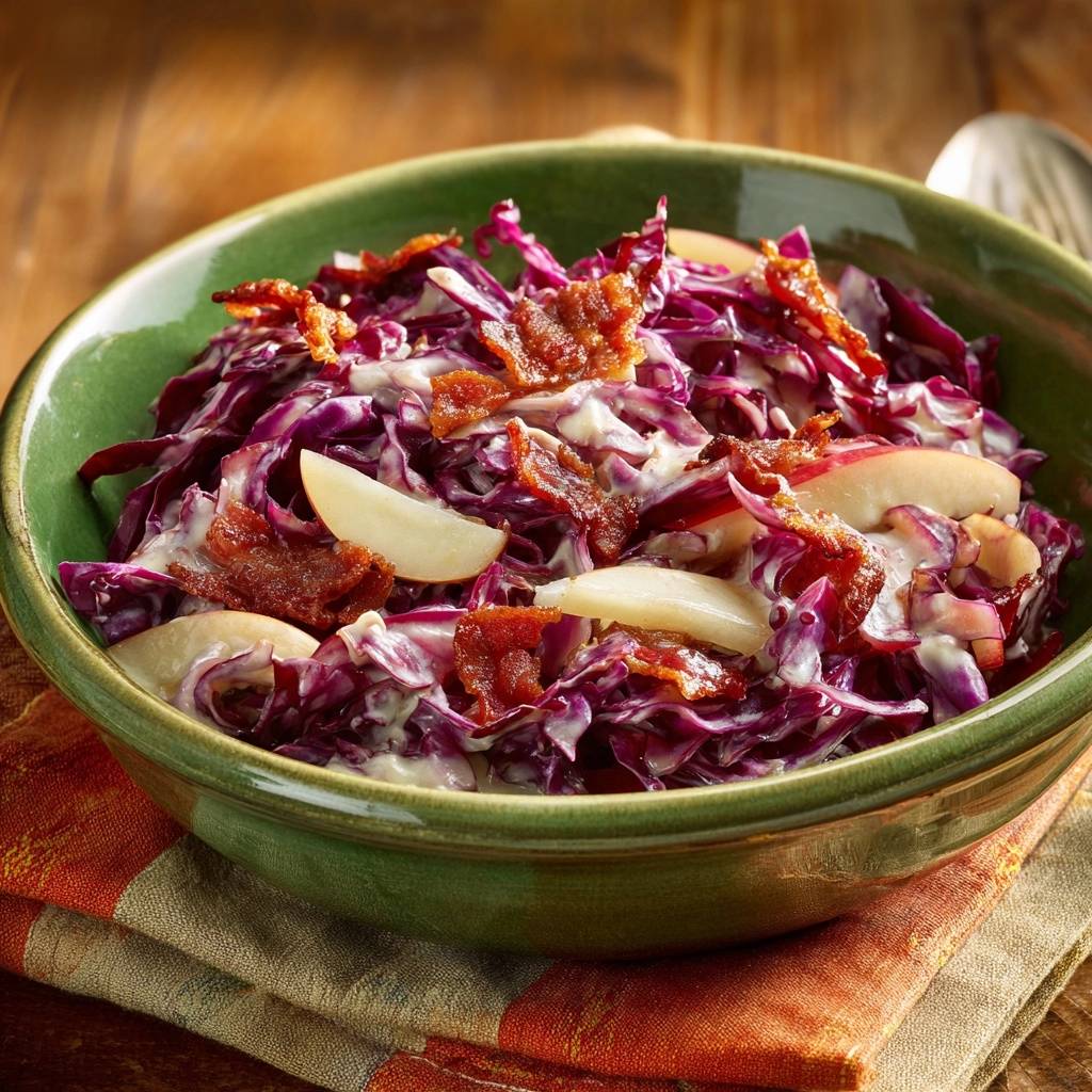 Bacon apple red cabbage slaw served in a green bowl, a close-up view showing crispy bacon pieces and apple slices.
