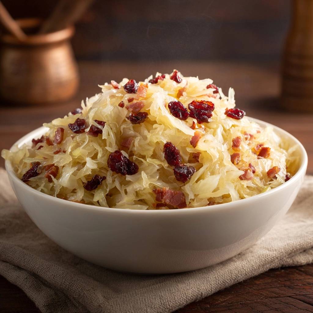 Bacon cranberry sauerkraut served in a white bowl, showcasing a close-up of the topping with dried cranberries and bacon bits.