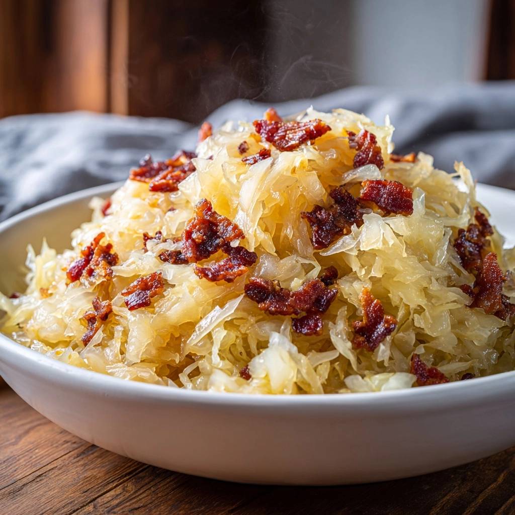 Bacon cranberry sauerkraut with crispy bacon topping in a white bowl, close-up detail.