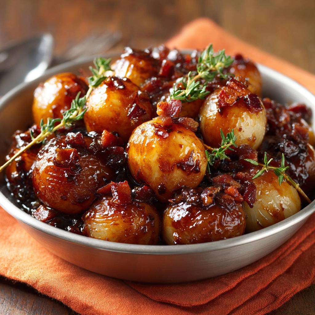 Bacon-glazed pearl onions a close-up showing the glistening glaze and crumbled bacon topping.