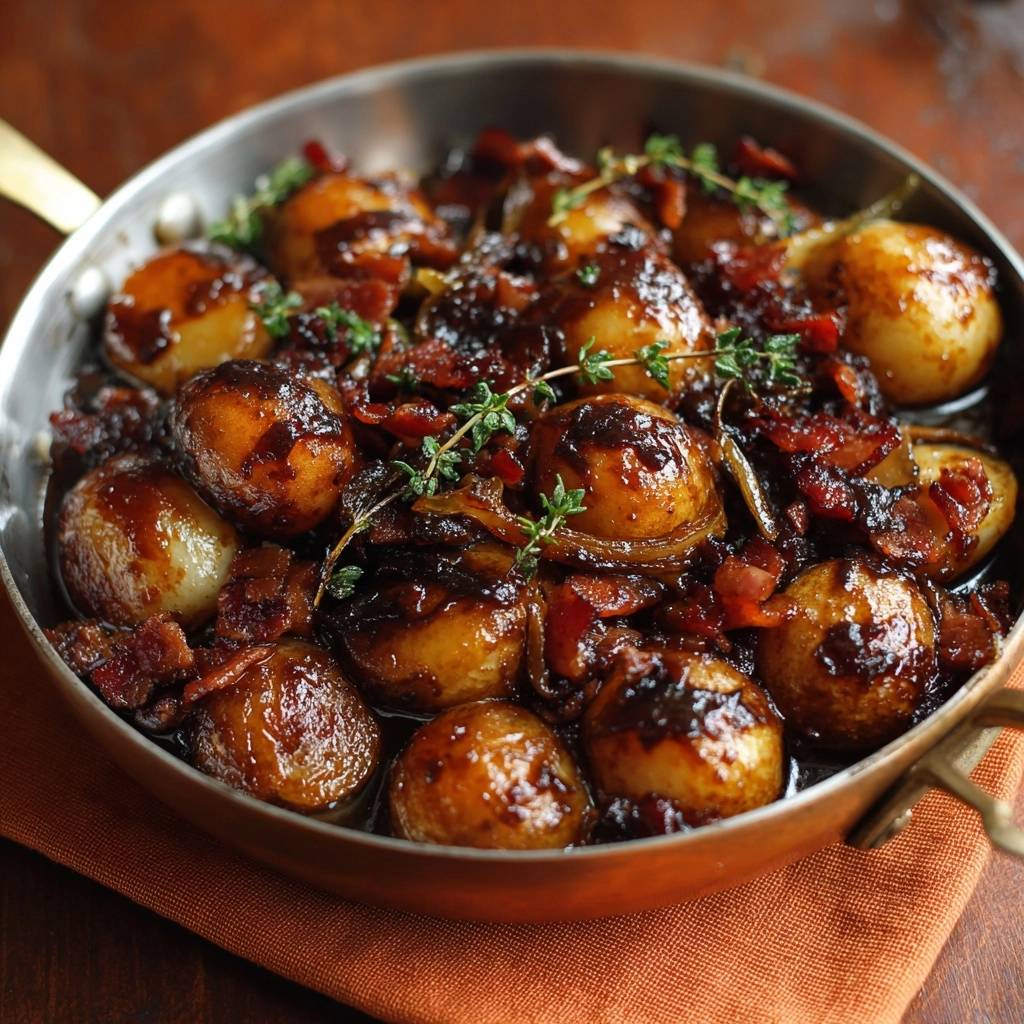 Bacon-glazed pearl onions in a skillet, showcasing the glossy glaze and fresh thyme garnish.