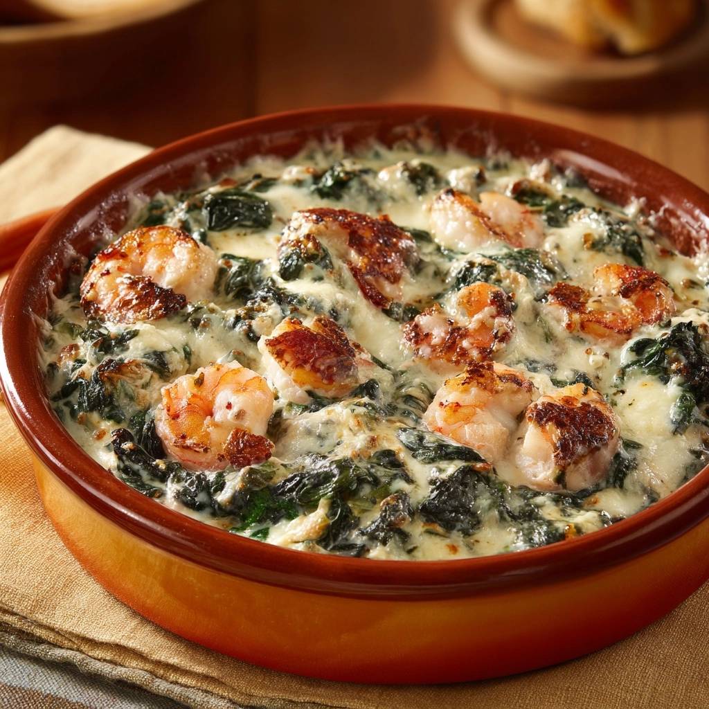 Baked shrimp spinach dip with creamy melted cheese and visible shrimp pieces in a rustic dish.