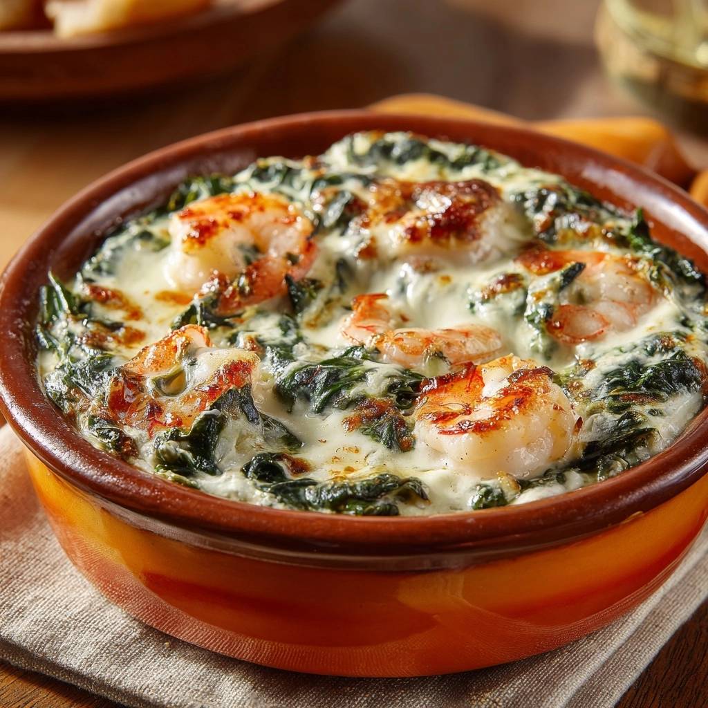 Baked shrimp spinach dip with a creamy, gooey topping and seared shrimp in a rustic bowl.