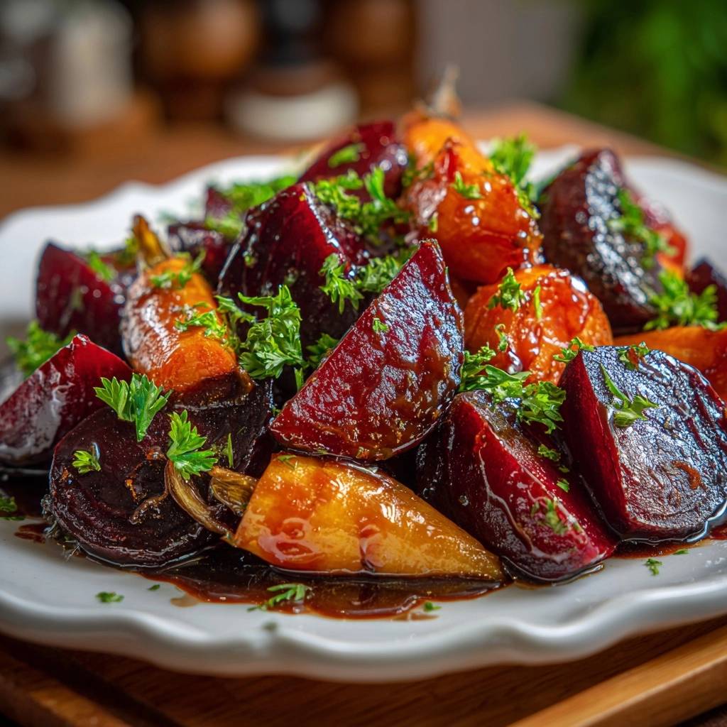 Balsamic glazed beets and carrots on a white plate, showcasing a close-up detail of the glossy glaze and fresh parsley garnish.