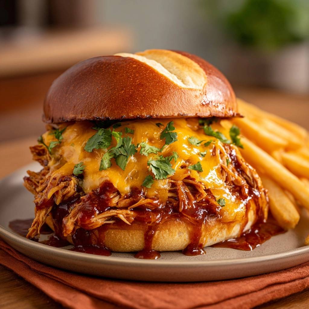 Juicy BBQ chicken melt sandwich with melted cheddar cheese and a fresh cilantro garnish.