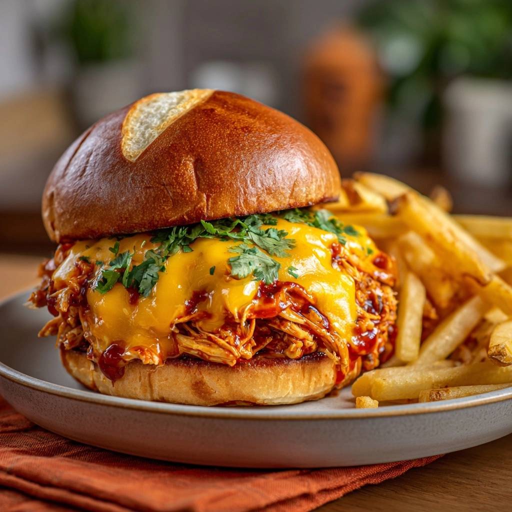 Juicy BBQ Chicken Melt Sandwich Recipe shown with melted cheese and fresh cilantro garnish.