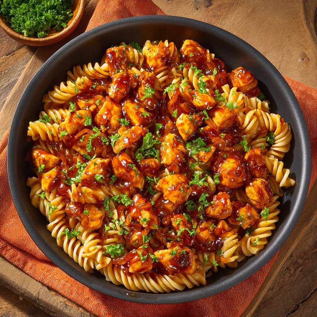 BBQ Chicken Rotini served in a black pan with fusilli pasta and fresh parsley, captured from an overhead angle.