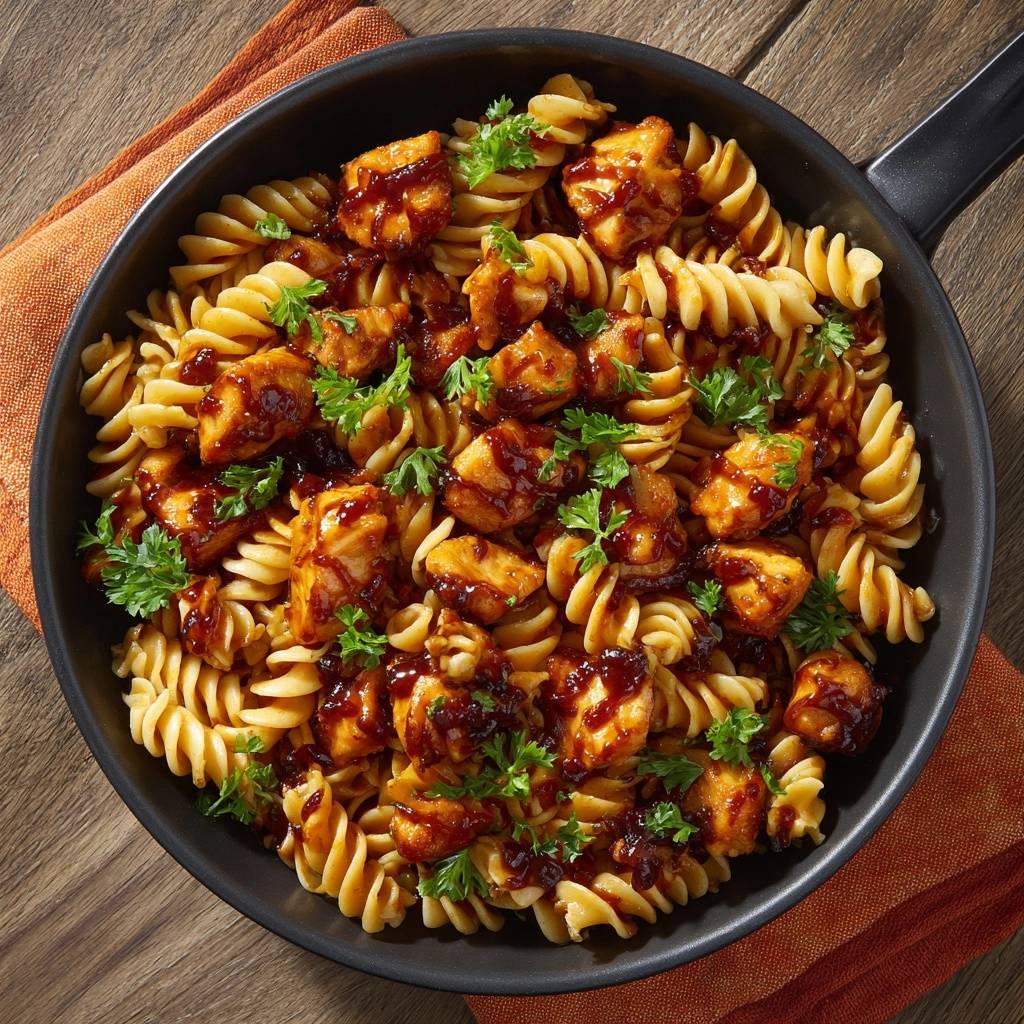 BBQ Chicken Rotini served in a skillet with chopped parsley garnish, presented in an overhead view.
