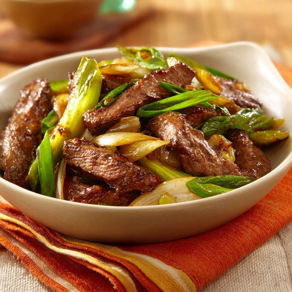 Beef, Bok Choy, and Onion Stir-Fry served in a bowl, showcasing tender beef slices with vibrant green vegetables.