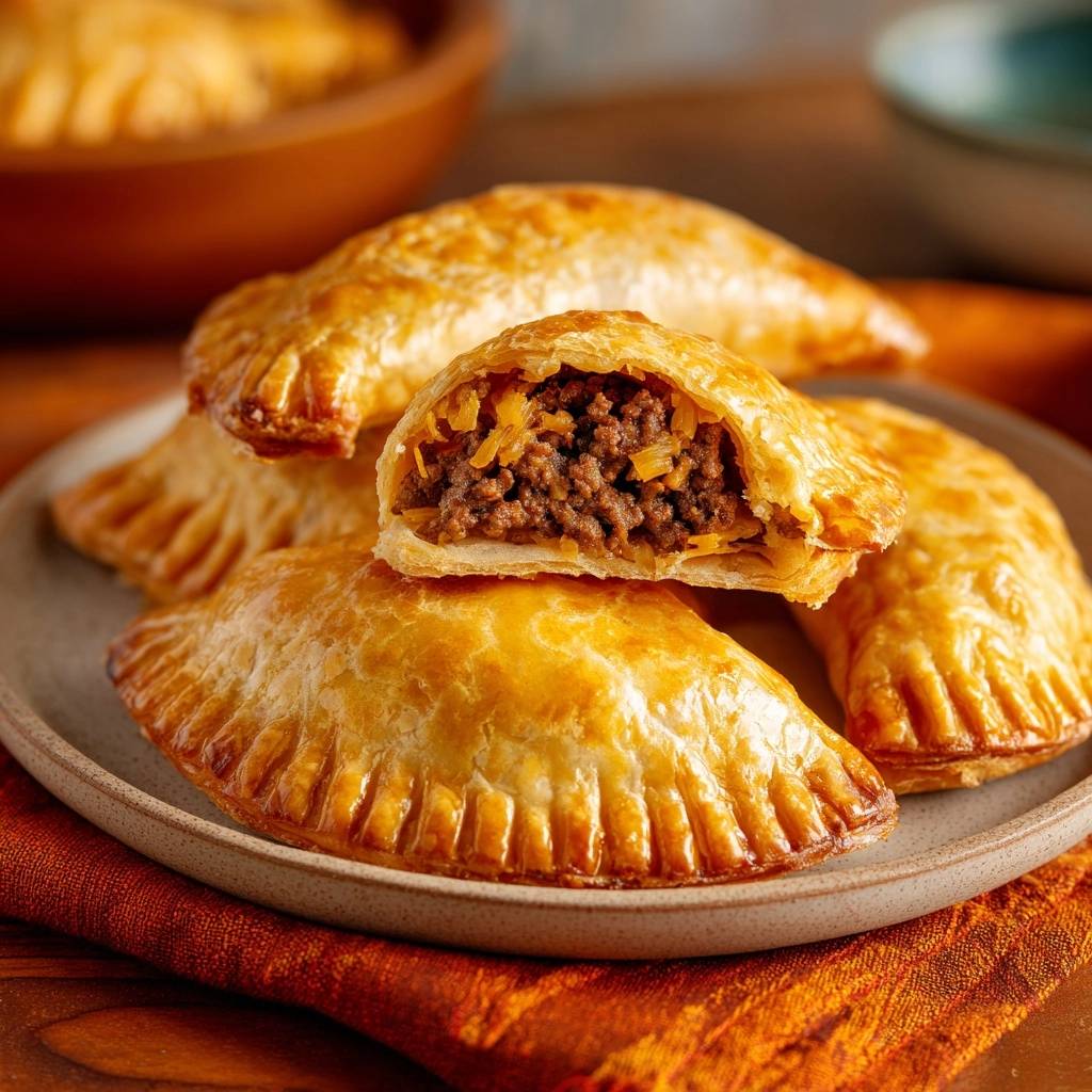 Beef and cabbage empanadas shown in a close-up cross-section revealing the savory interior filling.