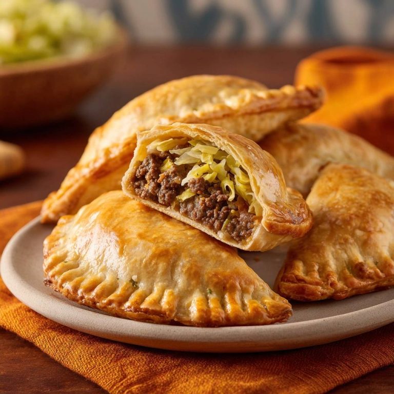 Beef and cabbage empanadas shown in a close-up cross-section revealing the savory ground beef and shredded cabbage filling.