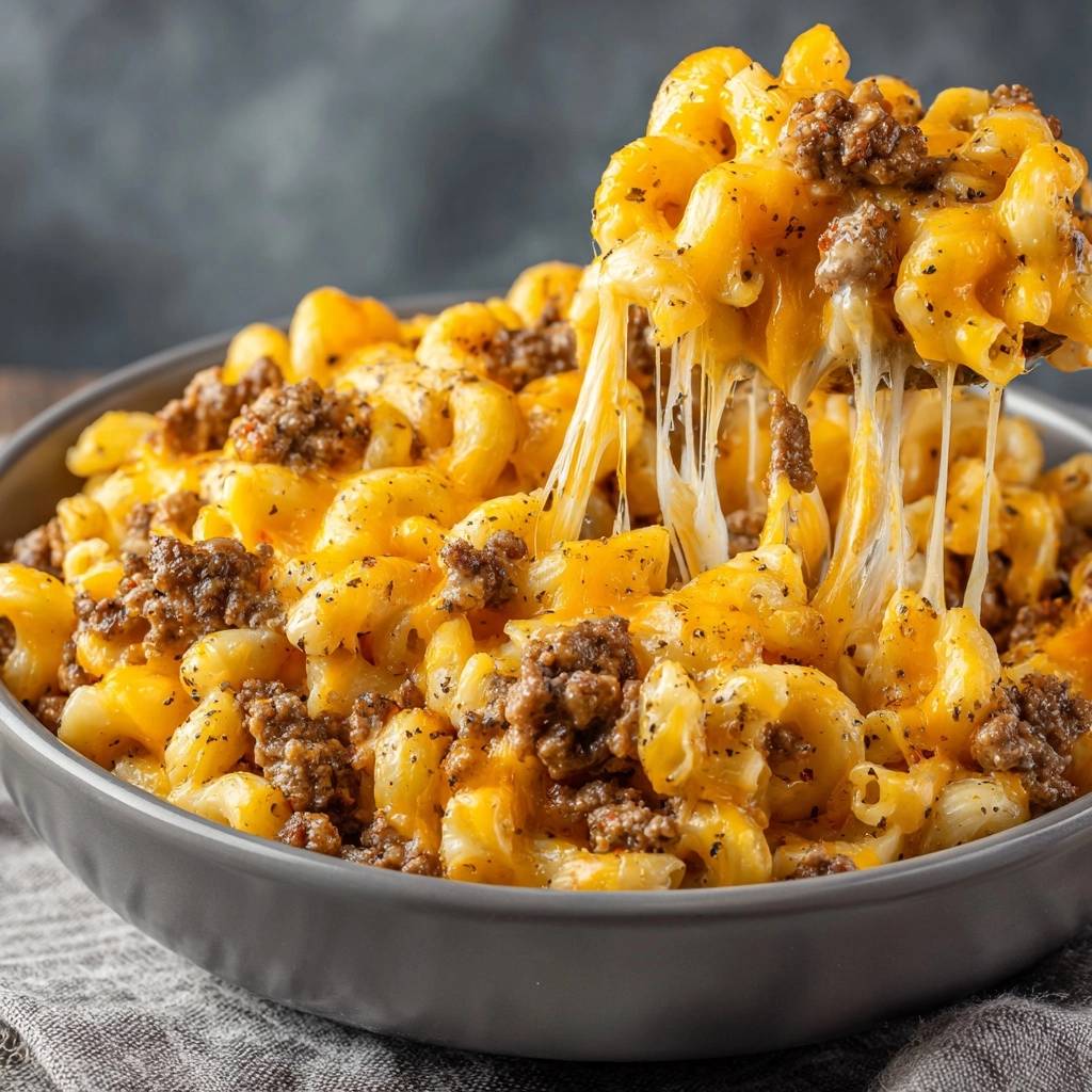 Beefy mac and cheese with a close-up showing a spoonful lifting with long, stretchy cheese strands.