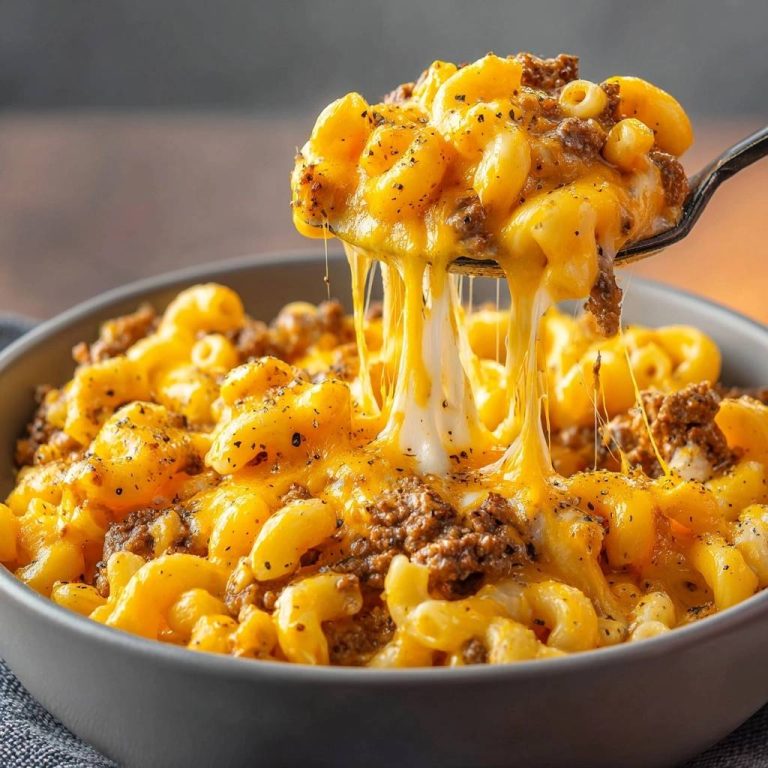 Beefy mac and cheese with a spoonful showing a dramatic stringy cheese pull, seasoned with black pepper.