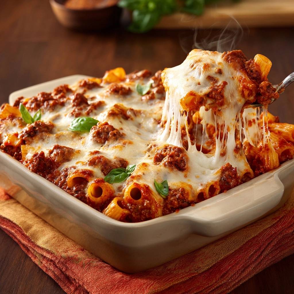 Best baked rigatoni with a cheesy pull being lifted from the baking dish, garnished with basil.