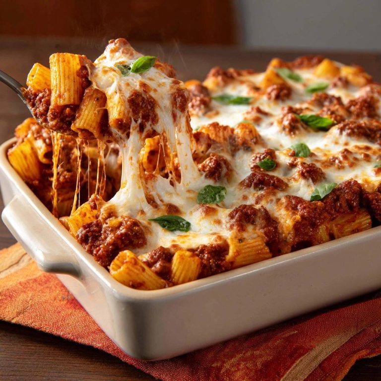 Best baked rigatoni with a generous amount of melted cheese being pulled up with a serving spoon.