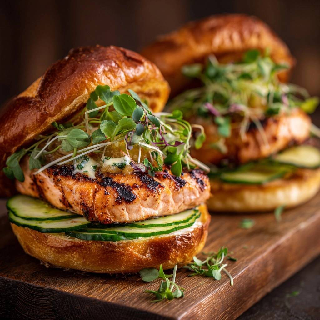 Blackened salmon pretzel burger with cucumber slices and microgreens, showing a close-up view of the grilled salmon patty.