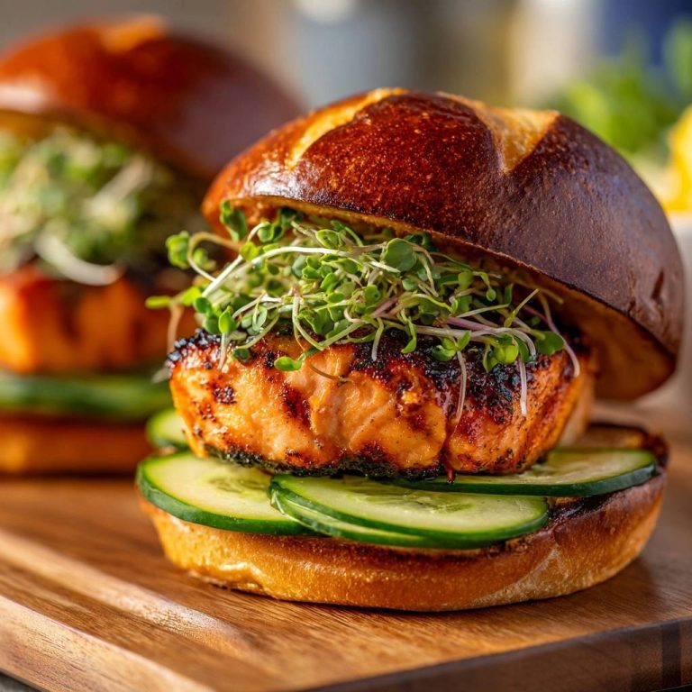 Blackened salmon pretzel burgers shown in a close-up cross-section with cucumber slices and sprouts on a wooden board.
