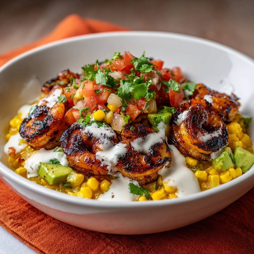 Blackened shrimp elote bowl recipe shown in a close-up overhead view with corn, avocado, pico de gallo, and crema.