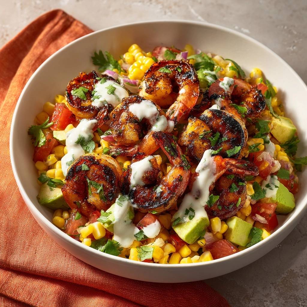 Blackened shrimp elote bowl featuring grilled corn, avocado, and a creamy drizzle, captured from a top-down perspective.