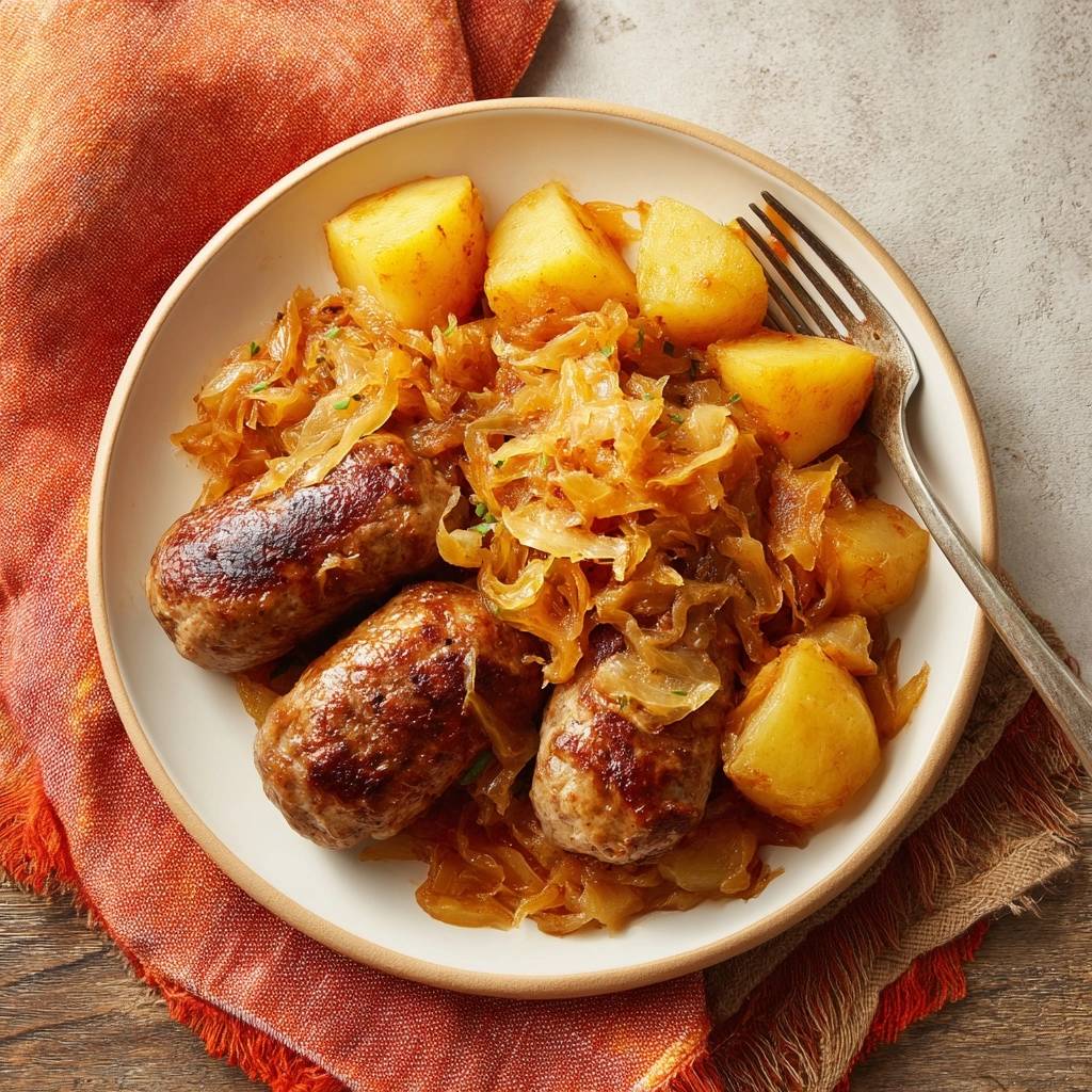 Bratwurst with sauerkraut, caramelized onions, and potatoes plated with a fork, showcasing a hearty German-inspired meal.