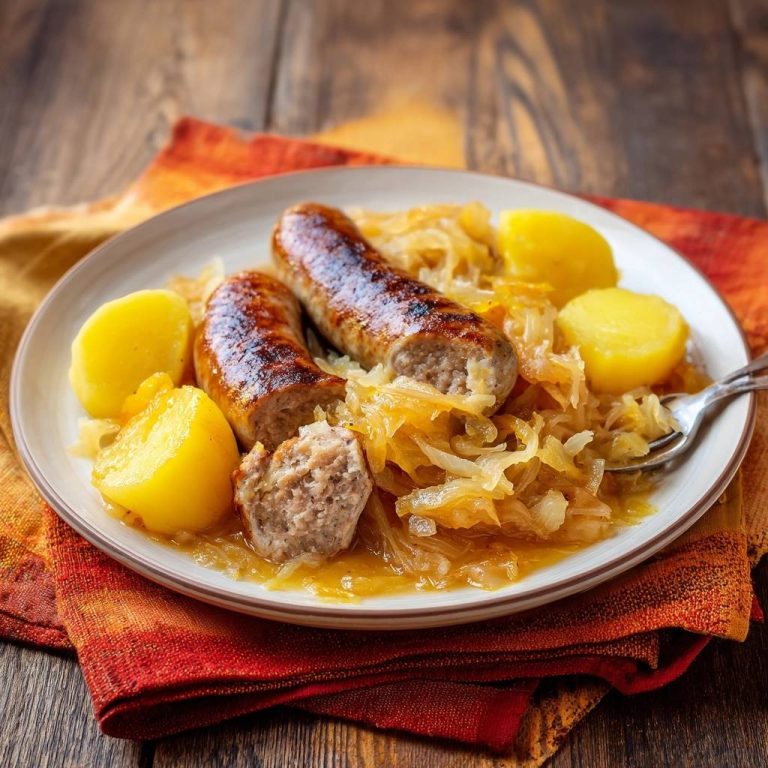 Bratwurst with sauerkraut, caramelized onions, and potatoes plated with a fork, showcasing a hearty German meal.