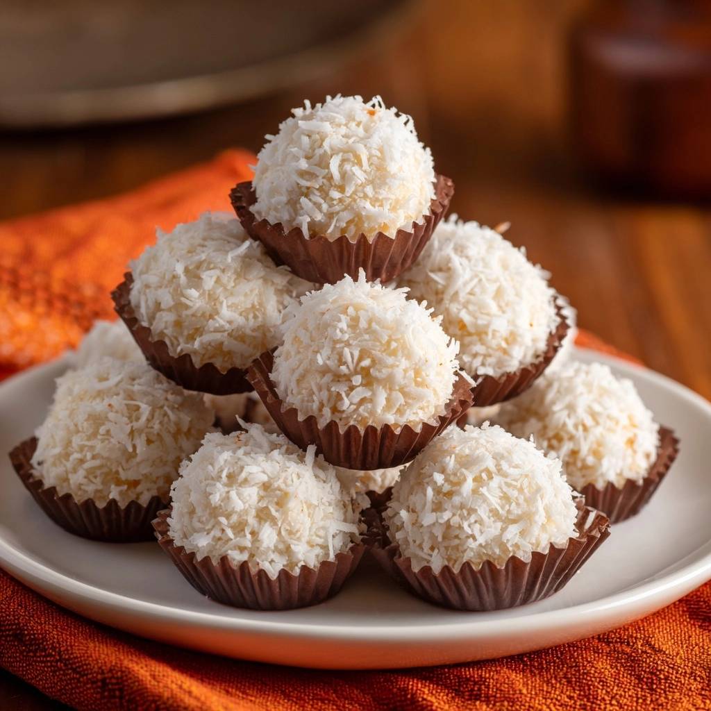 Brazilian coconut balls covered in shredded coconut, stacked in paper liners on a white plate.