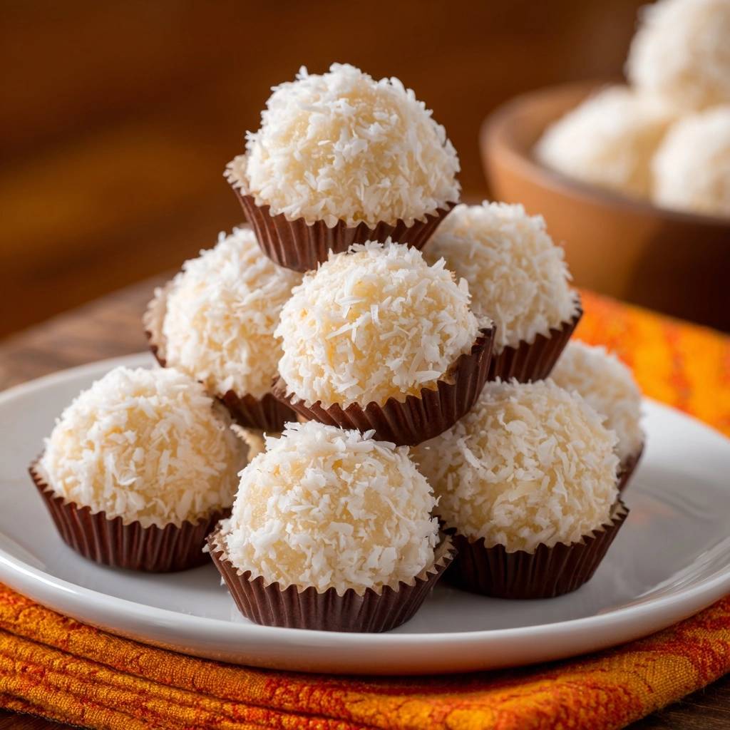 Brazilian coconut balls are stacked in a pyramid on a white plate, coated in shredded coconut.