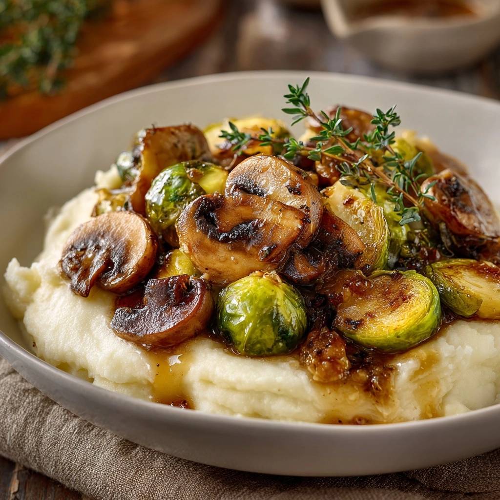 Crispy Brussels & Mushroom Mashed Potatoes recipe shown with a close-up view of the savory mushroom and brussels sprout topping.