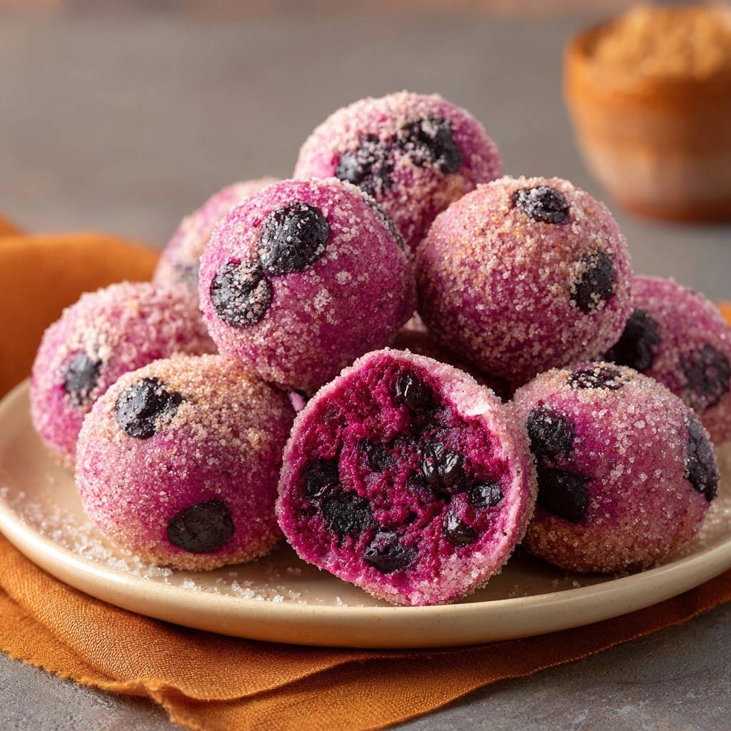 Bursting blueberry donut holes shown in a close-up cross-section revealing a vibrant berry-filled interior coated in sugar.