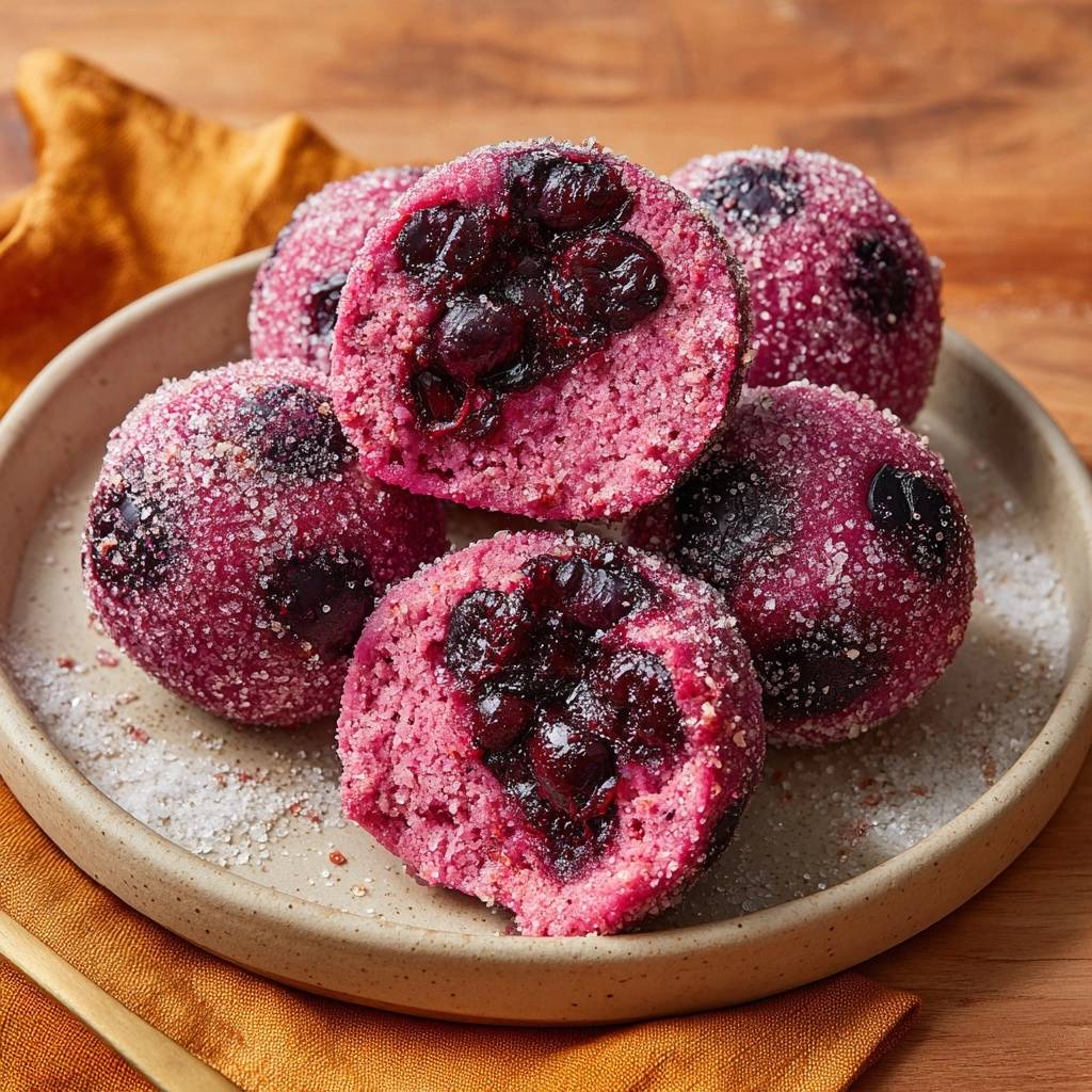 Bursting Blueberry Donut Holes cross-section showing a vibrant pink cake studded with whole blueberries.