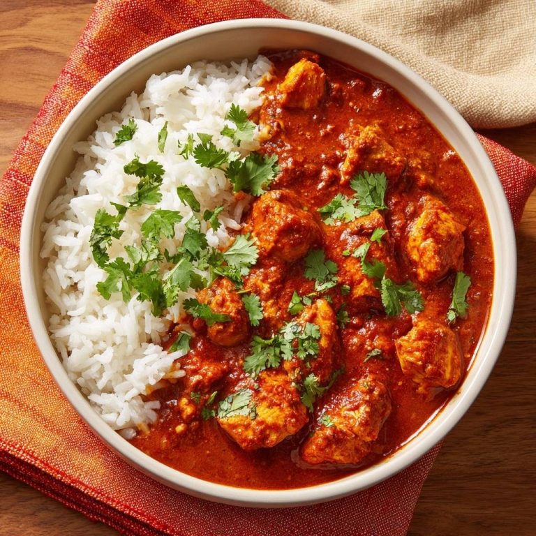 Butter Chicken with Rice served in a bowl, garnished with fresh cilantro, captured from an overhead perspective.