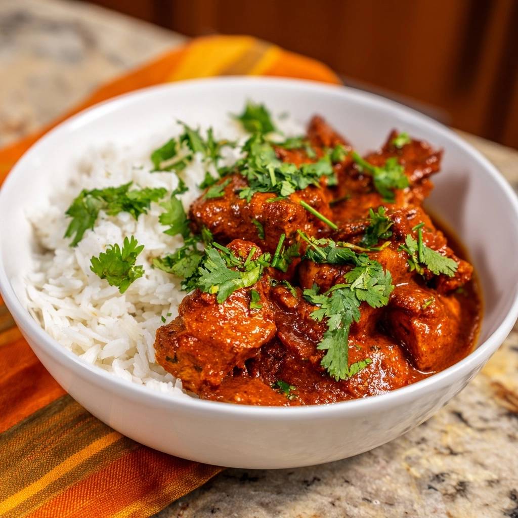 Butter chicken with rice served in a white bowl and generously garnished with fresh cilantro.