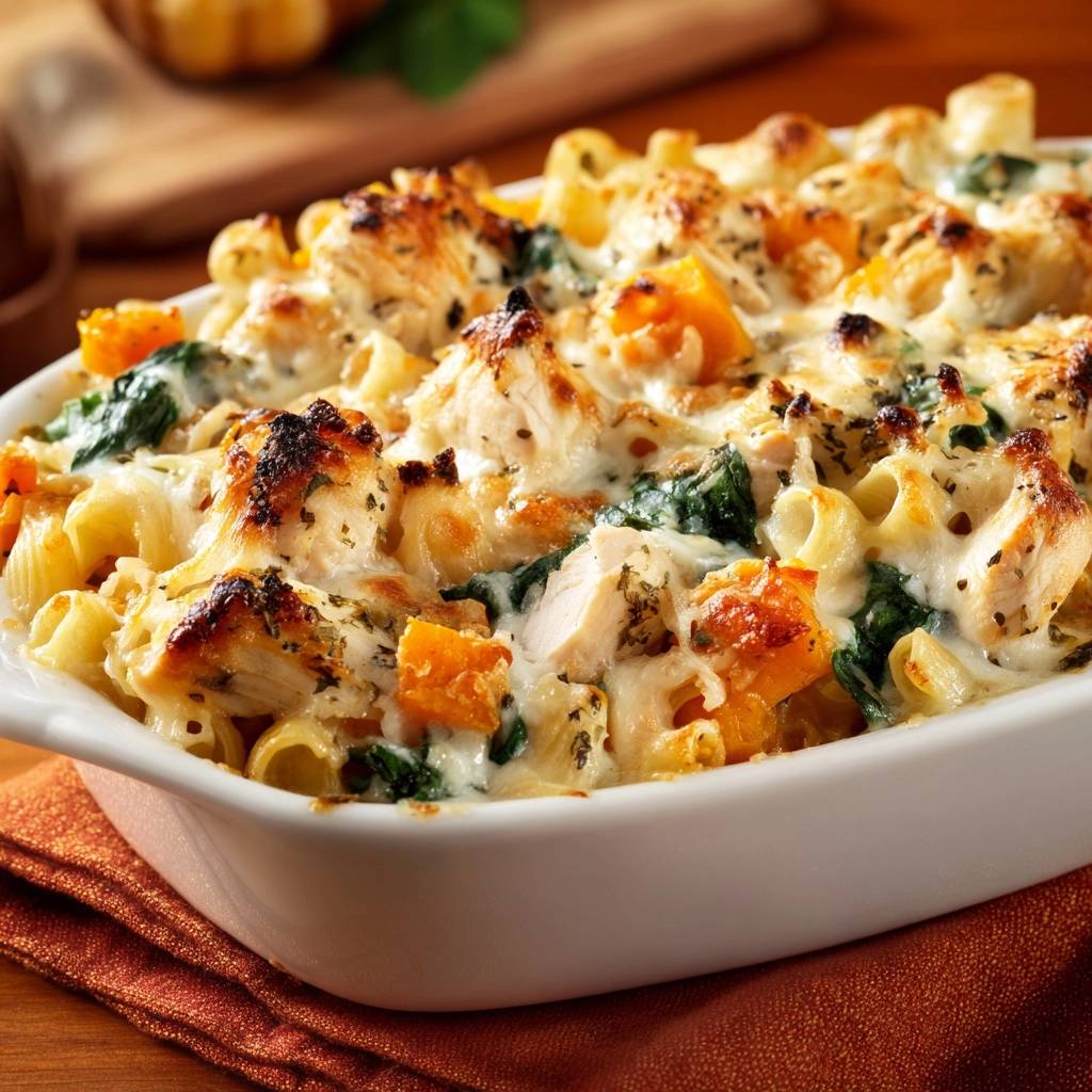 Butternut squash chicken mac and cheese bake with bubbling melted cheese and baked pasta in a white dish.