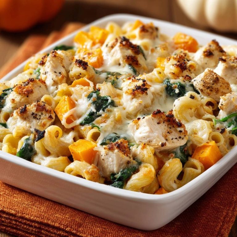 Butternut squash chicken mac and cheese bake shown close-up in a white baking dish with melted cheese.