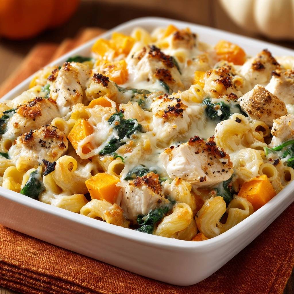 Butternut squash chicken mac and cheese bake shown close-up in a white baking dish with melted cheese.