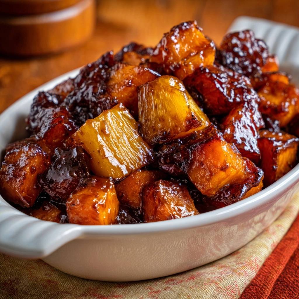 Candied sweet potatoes with a glossy glaze, showcasing the firm texture and rich caramel coating in a close-up view.
