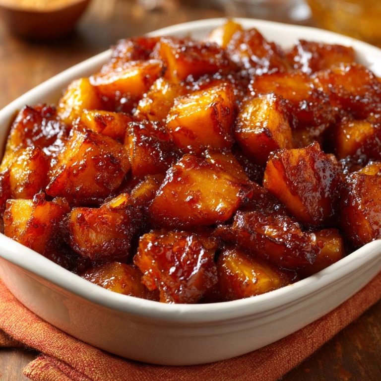 Candied sweet potatoes with a glossy glaze shown in a white dish, highlighting their tender texture.