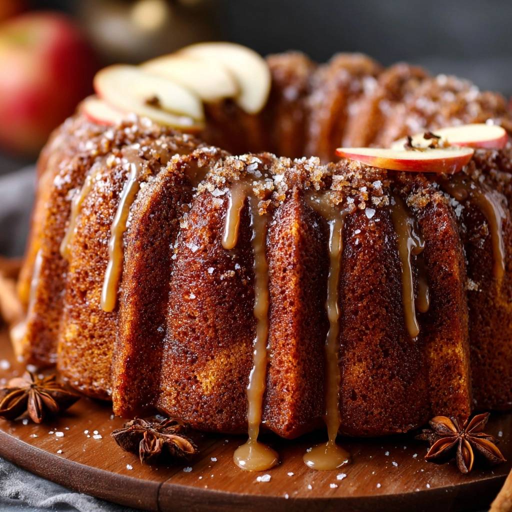 Caramel apple bundt cake with a rich caramel glaze drizzled over the top and fresh apple slices.