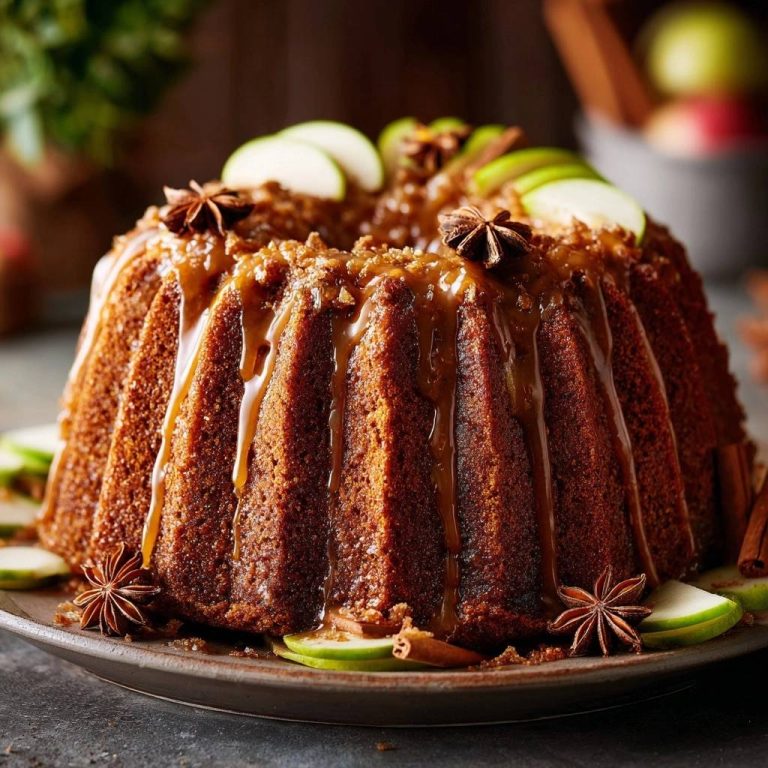 Caramel apple bundt cake glazed with caramel and garnished with apple slices and star anise.
