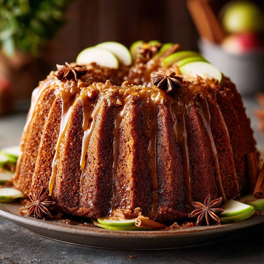 Caramel apple bundt cake glazed with caramel and garnished with apple slices and star anise.