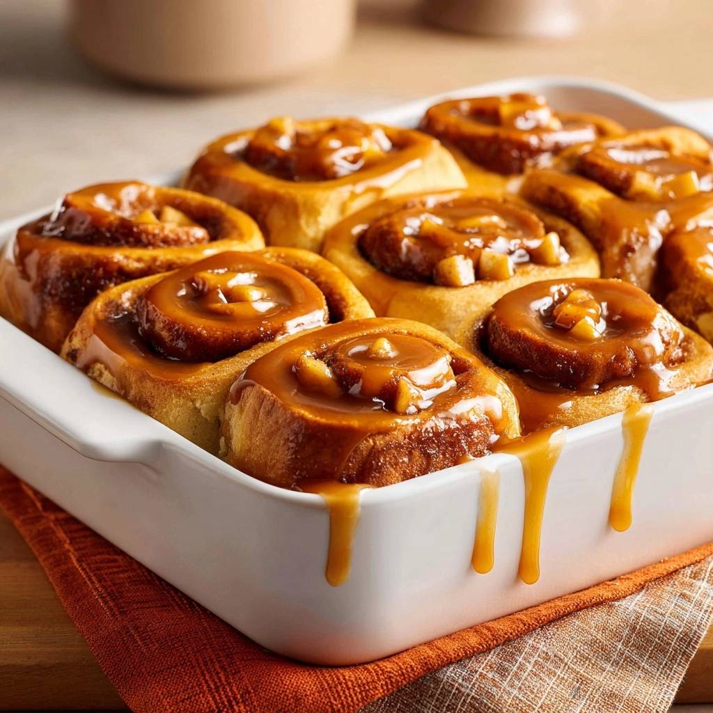 Caramel apple cinnamon rolls with Tangzhong fluff, glistening with rich caramel glaze dripping down the side.