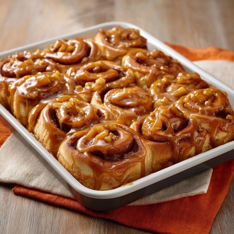 Caramel apple cinnamon rolls with tangzhong fluff baked in a white pan, showing a close-up view of the glazed tops.