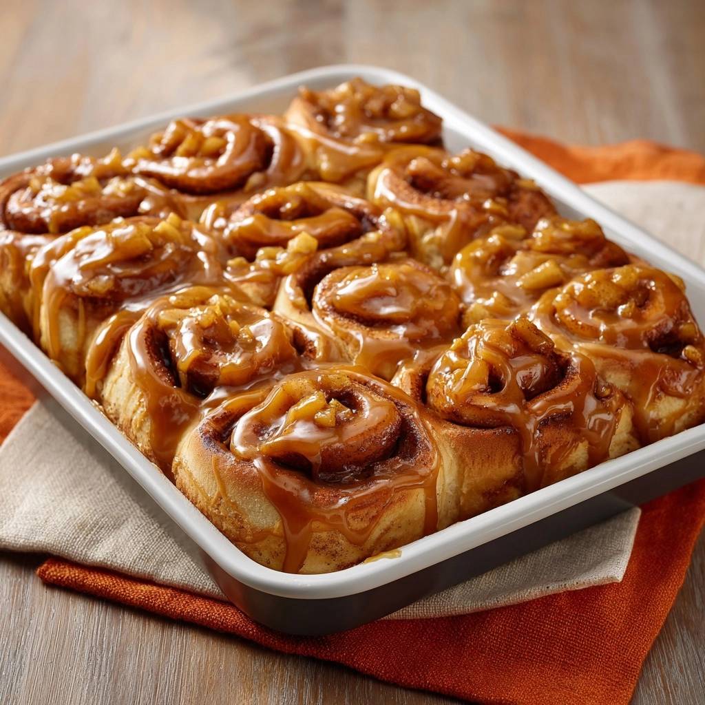 Caramel apple cinnamon rolls with tangzhong fluff baked in a white pan, showing a close-up view of the glazed tops.