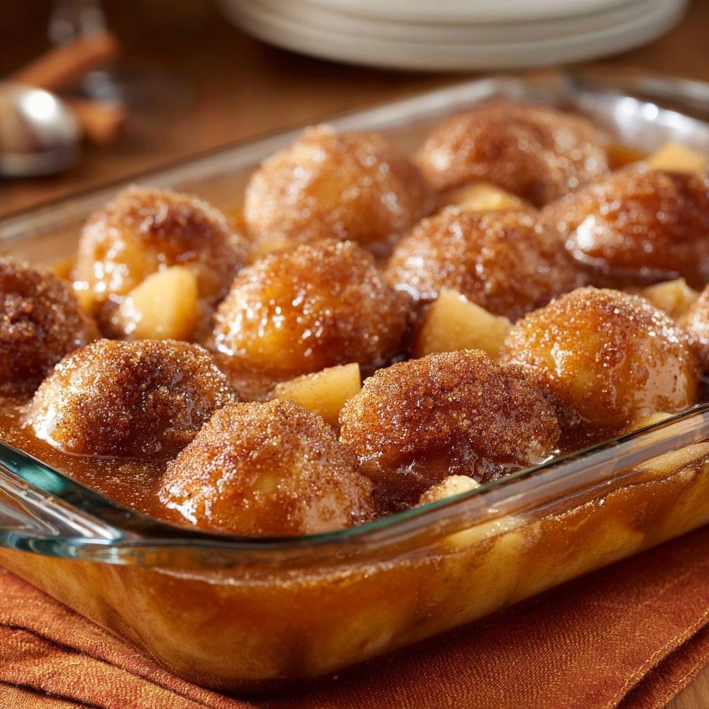 Caramel apple dumplings with thick, glossy sauce are baked in a glass dish, showcasing their golden tops.