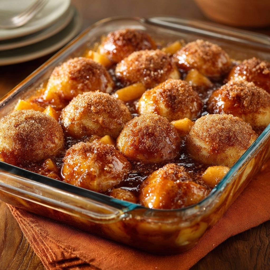 Caramel apple dumplings with thick, glossy sauce baked in a clear glass dish.