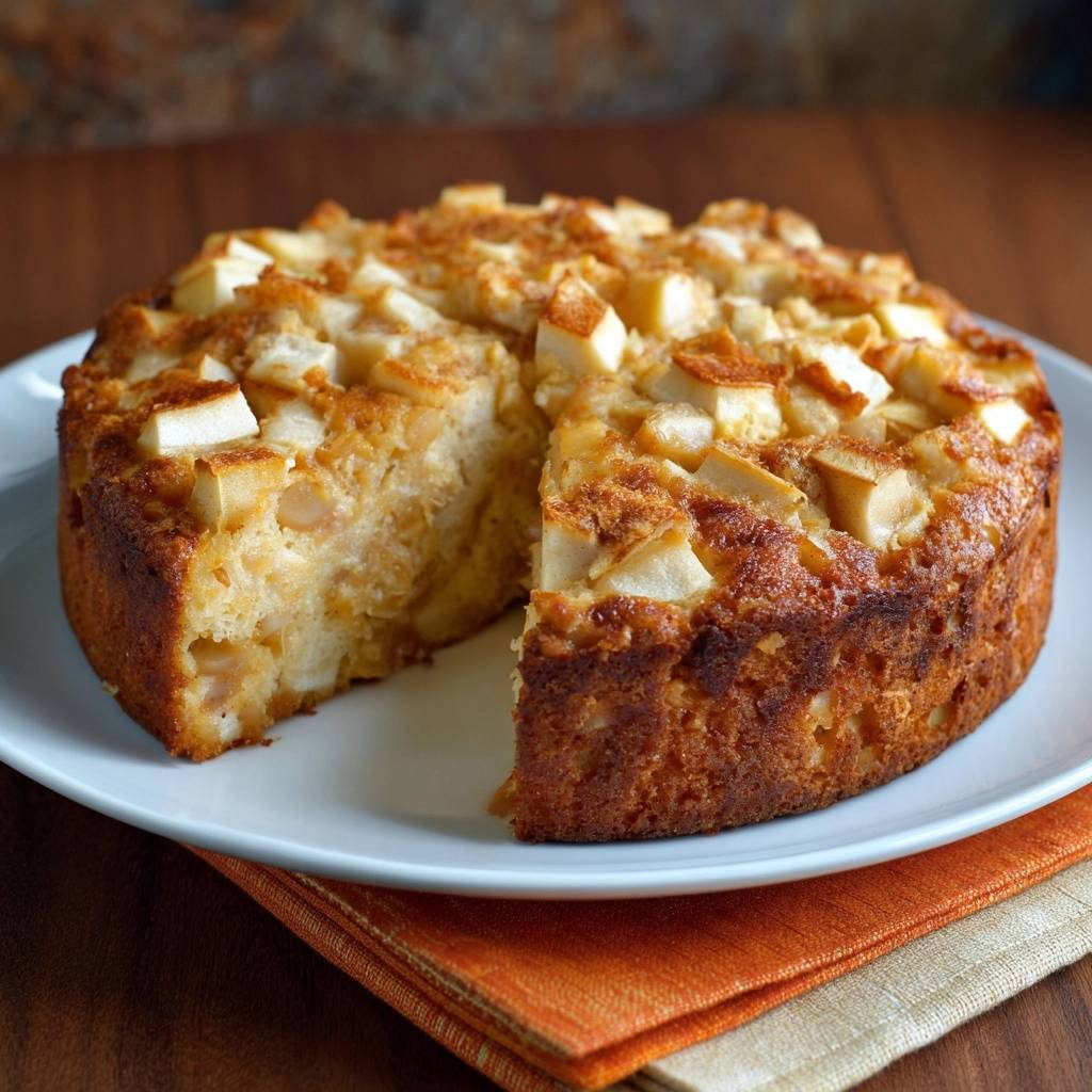 Caramel apple upside-down cake showing a close-up cross-section of its moist, fruity interior.