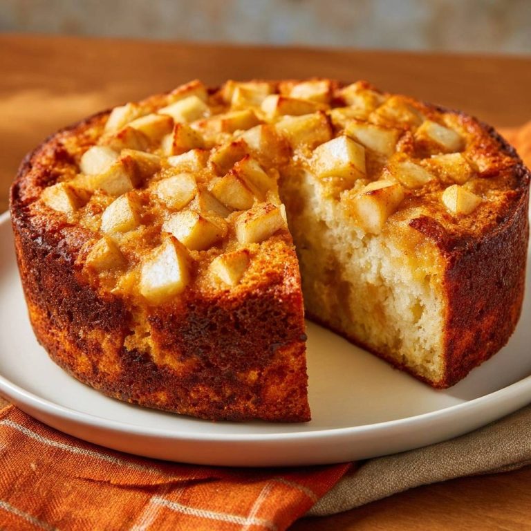 Caramel apple upside-down cake with a slice removed, revealing its fluffy interior and caramelized apple topping.