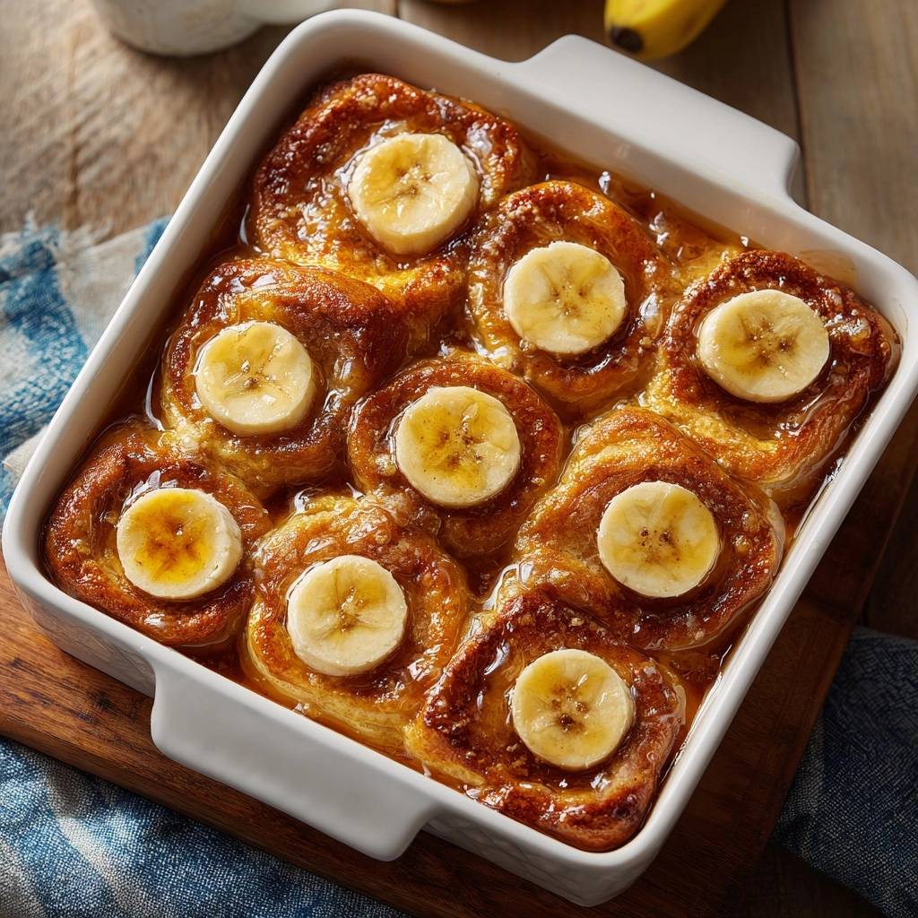 Caramel banana bread pudding baked in a white dish, topped with banana slices and syrup.
