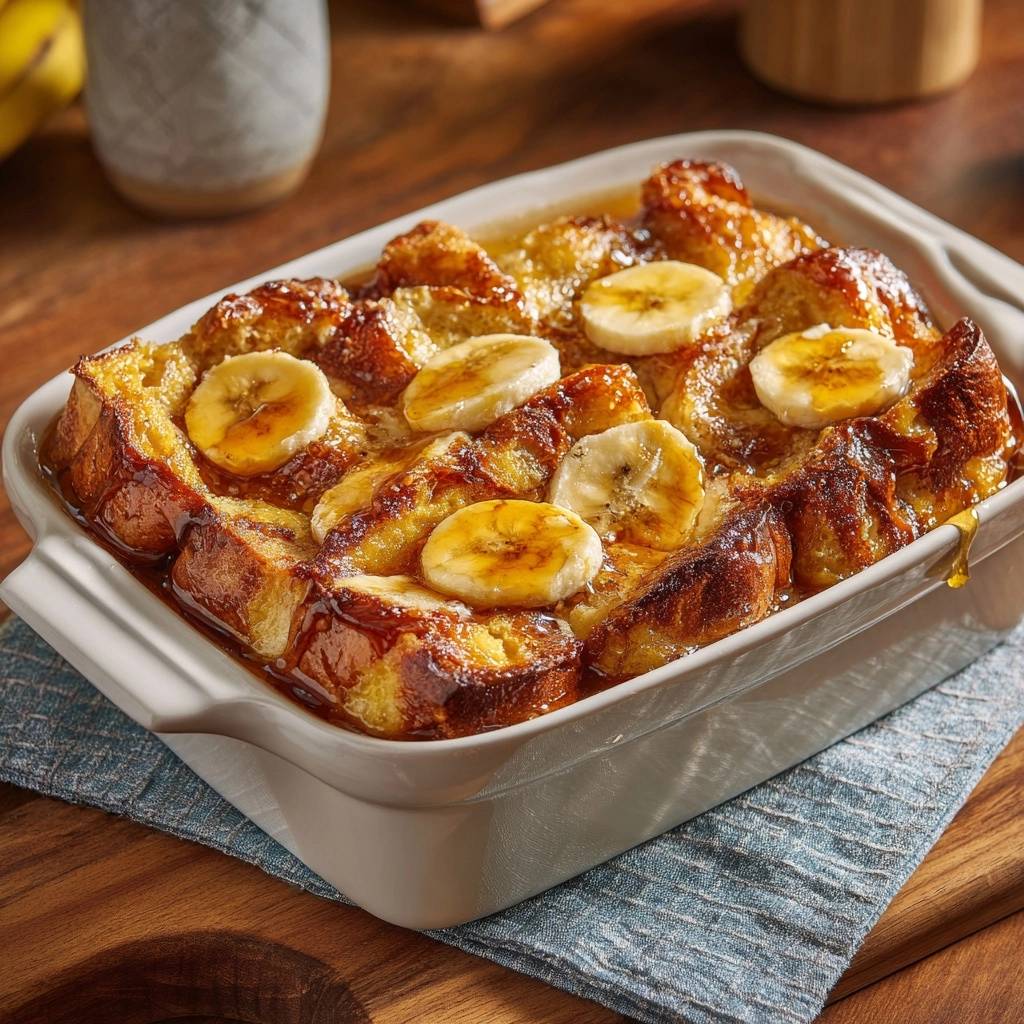 Caramel banana bread pudding baked in a white dish and topped with fresh banana slices and syrup.