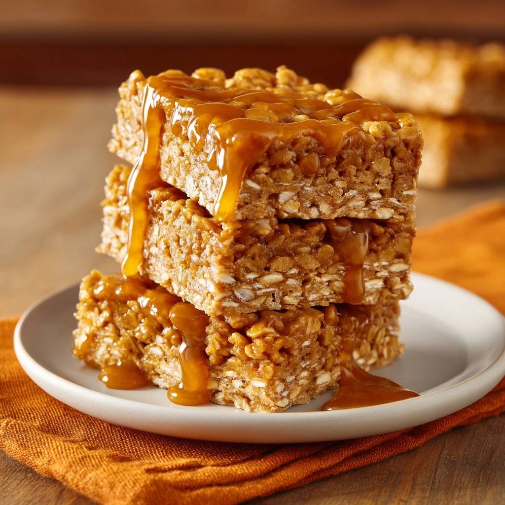 Caramel oat bars stacked high on a plate, with rich caramel drizzling down the sides.